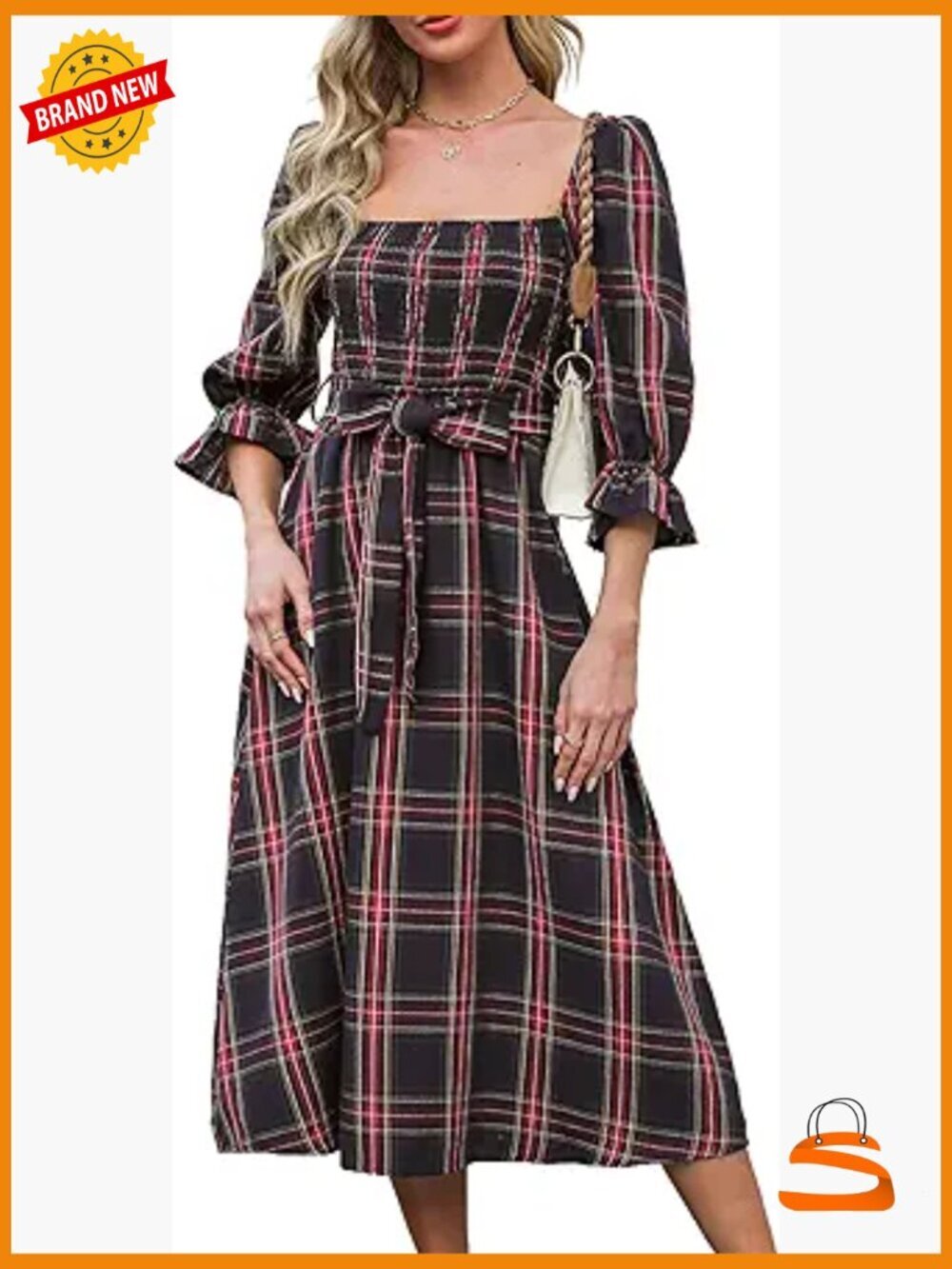 Square Neck Plaid Smocked Midi Dress with Belted Waist and Ruffled Sleeves
